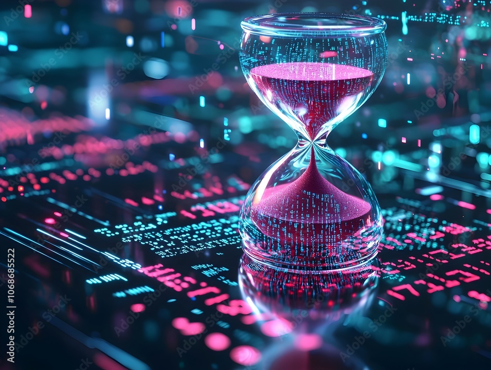 Poster digital hourglass on futuristic computer screen with binary code sand grains representing virtual ti
