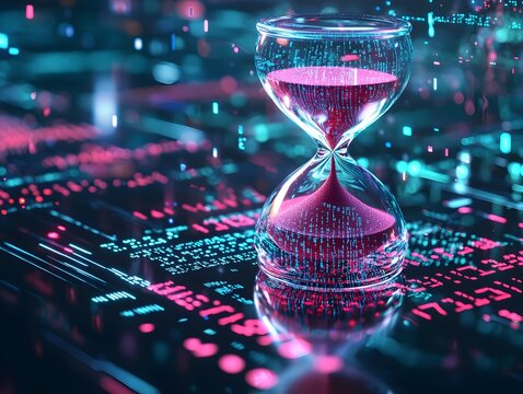 Digital Hourglass on Futuristic Computer Screen with Binary Code Sand Grains Representing Virtual Time Countdown - Powered by Adobe