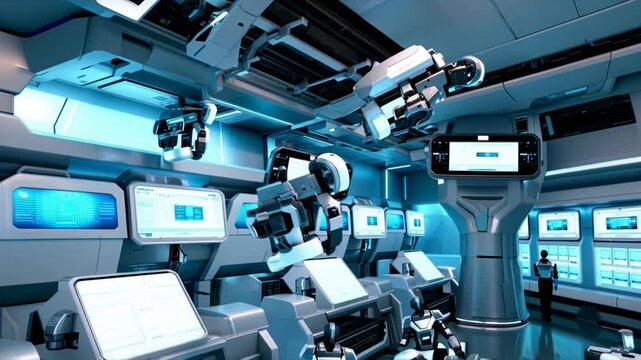 Robots working with humans in a futuristic AI-powered environment