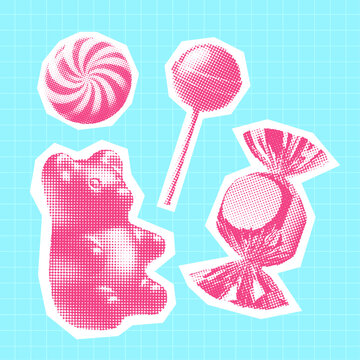 pink candy set, retro halftone style gummy bear, lollipop illustration
