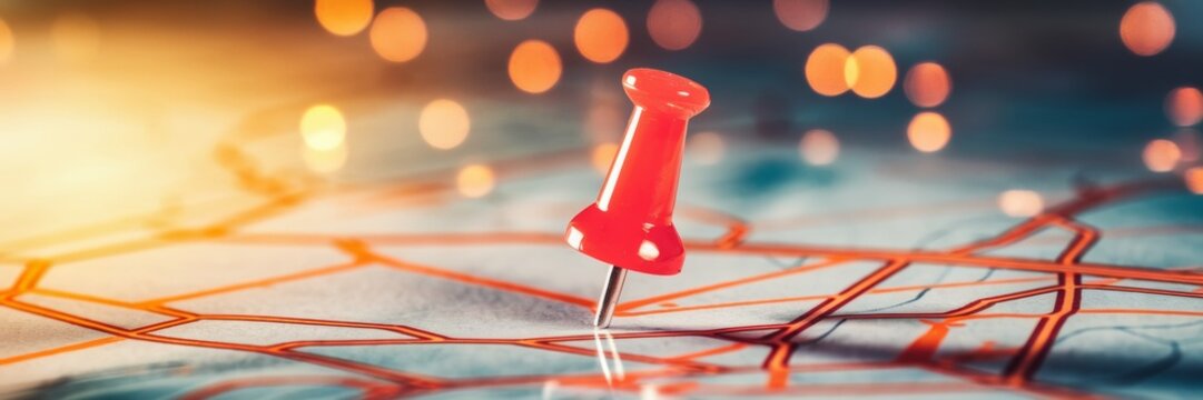A detailed map banner with a bright red button pointing to a specific location. The glossy surface of the button reflects soft light, immediately attracting attention.