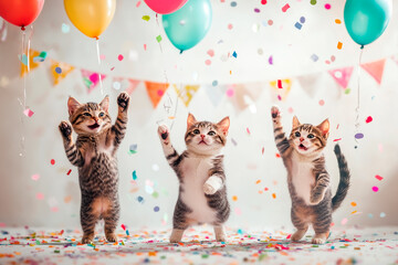Festive celebration background with a dancing cats for birthday or new year.