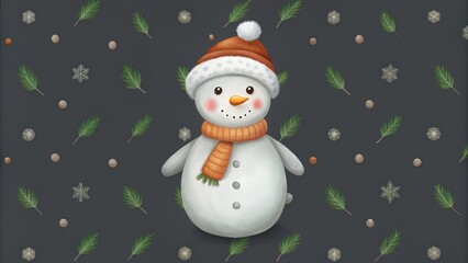 Fototapeta premium A Snowman Standing Amongst Pine Needles and Snowflakes on a Dark Background