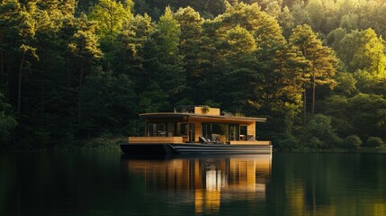 Obraz premium A sustainable eco cabin boat on a serene lake, offering a blend of innovative architecture and natural beauty, set against a backdrop of lush forests.