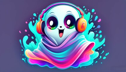 Fototapeta premium a sweet little, joyful, ghost in headphones, with big cheerful eyes in white robes iridescent, on a white background