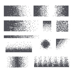 Pixel mosaic textures with simple square particles. Dispersed dotted pattern, decay effect, pixel disintegration.