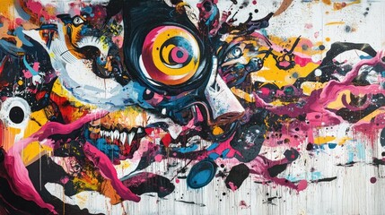 Fototapeta premium A vibrant, expressive graffiti mural on a city wall, filled with abstract characters, raw energy, and modern street culture aesthetics that challenge tradition.