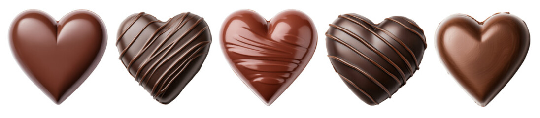Set of chocolate heart candies isolated on the background. Chocolate candy clipart on a transparent background. Generative AI.