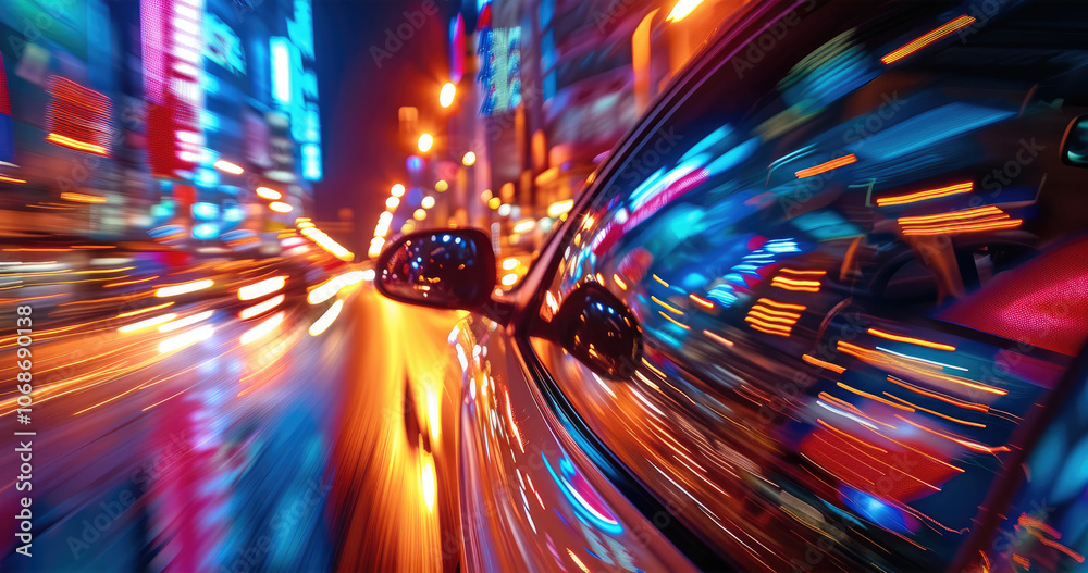Poster an engaging perspective from the side of a car driving through a vibrant city at night, with reflect