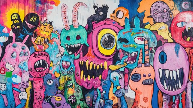 A vibrant graffiti mural filled with expressive characters and edgy designs, showcasing the creativity and energy of city streets and urban culture.