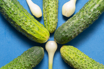 Green onion and cucumbers on blue background	