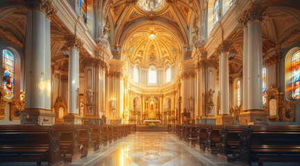 Fototapeta premium A warm church interior, bathed in soft, golden light. ornate ceilings with grand arches and pillars adorned with gold accents. Stained glass windows cast colorful, The altar is illuminated by candles.