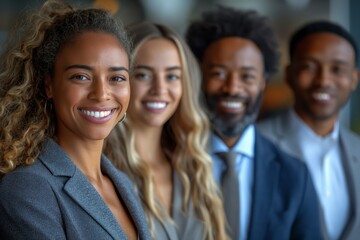 Obraz premium Group of diverse professionals in formal clothing posing together with happy expressions. AI generated