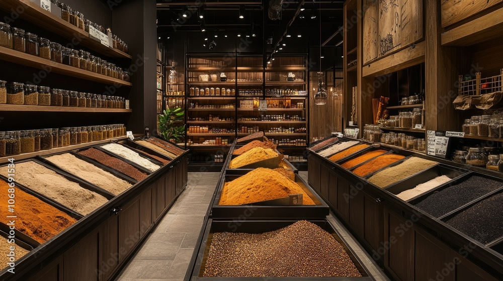 Poster clean, modern spice market with neatly organized bulk bins of various spices, clear labeling, and so