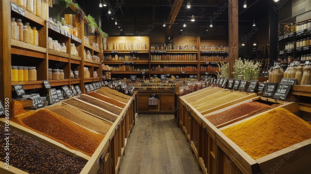 Poster clean, modern spice market with neatly organized bulk bins of various spices, clear labeling, and so