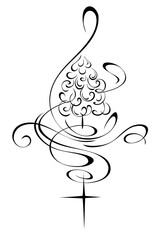 stylized Christmas snowy tree with frost ornament and one star; graphic decor