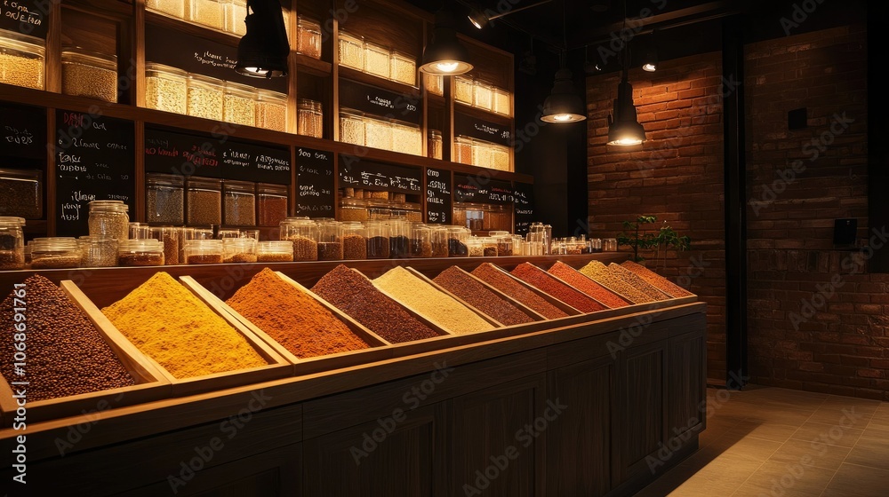 Aufkleber elegant minimalist spice market with neatly arranged bins of fragrant spices, clear signage, and sof