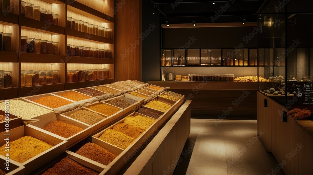 Poster Elegant minimalist spice market with neatly arranged bins of fragrant spices, clear signage, and soft lighting, emphasizing the textures and aromas.
