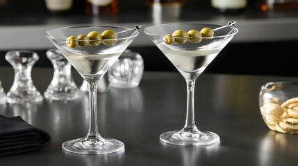 Elegant Martini Glasses with Olives on Bar Counter