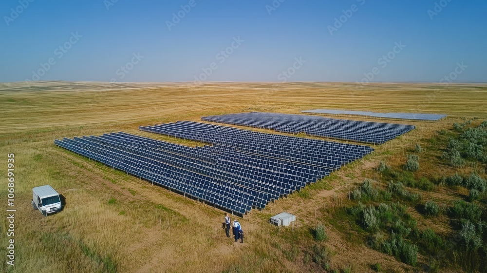 Aufkleber Engineers carefully inspecting solar arrays in a renewable energy farm, focusing on panel alignment and energy efficiency in the open field