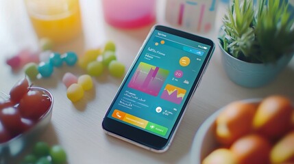 Smartphone with Fitness App Display on Table with Fruit and Candy