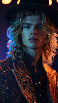 Twenty year old man with long blond hair and blue eyes, ringmaster costume, futuristic neon circus.