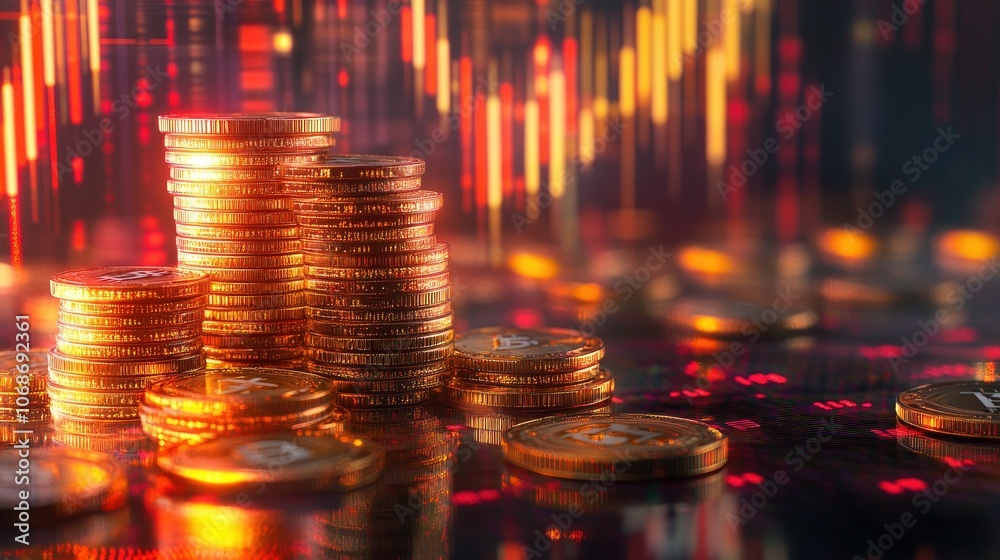 Poster glowing golden bitcoin coins stacked on top of each other, signaling a bull market surge, with a dig