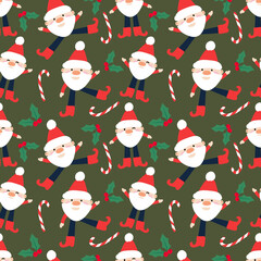 Winter holiday seamless pattern.  Santa Claus, snowflakes, Christmas foliage. Festive season repeating print. Perfect for wrapping, packaging, stationery, festive decor, crafts, textiles.