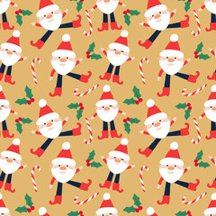 Winter holiday seamless pattern.  Santa Claus, snowflakes, Christmas foliage. Festive season repeating print. Perfect for wrapping, packaging, stationery, festive decor, crafts, textiles.