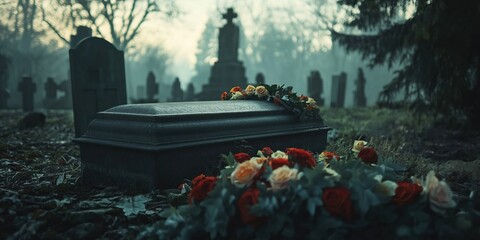 A cemetery with a black casket and flowers on top of it. The flowers are red and yellow