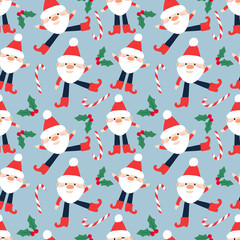 Winter holiday seamless pattern.  Santa Claus, snowflakes, Christmas foliage. Festive season repeating print. Perfect for wrapping, packaging, stationery, festive decor, crafts, textiles.