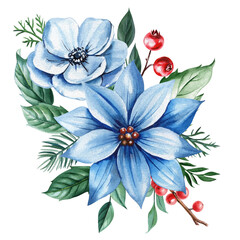 Watercolor Christmas blue flowers arrangement with red berries, pine branches and winter leaves white background. Festive card