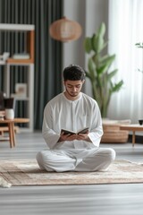 Fototapeta premium A man is sitting on the floor reading a book. The room is decorated with a potted plant and a lamp