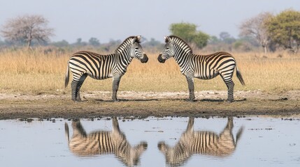 Obraz premium Majestic zebras reflecting in serene water landscape