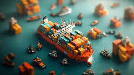 Naklejka premium Futuristic AI powered global logistics ecosystem featuring advanced container ships with autonomous navigation and cargo handling holographic dashboards monitoring worldwide delivery networks