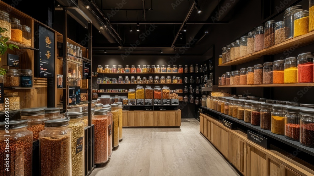 Poster vibrant and minimalist spice market with neatly arranged jars and bins of exotic spices, clear signa