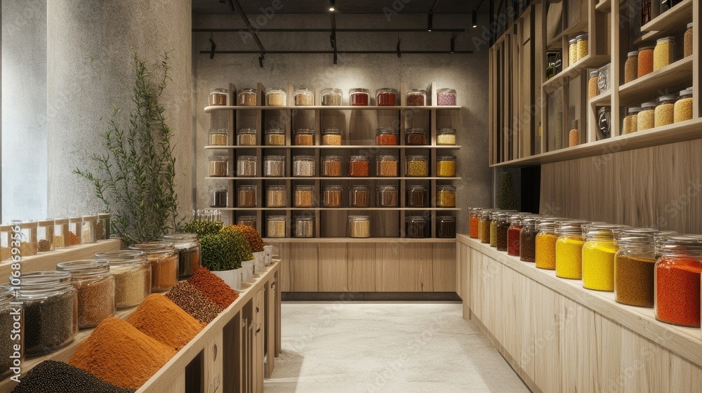Poster vibrant and minimalist spice market with neatly arranged jars and bins of exotic spices, clear signa