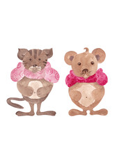 Watercolor animals set. Animals with pink bows: koala and tiger. Individual Illustrations. Holiday set, great design for any purpose
