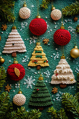 A charming Christmas greeting card surrounded by hand-painted trees in various shades of green, along with delicate crochet-style Christmas ornaments in red, white, and gold.