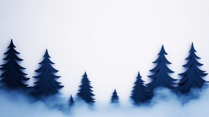 Fototapeta premium Silhouetted pine trees emerging from morning fog in serene landscape