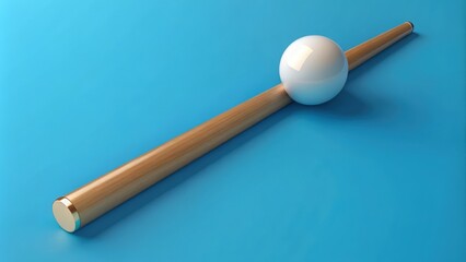 White billiard ball resting on a wooden cue against a blue background