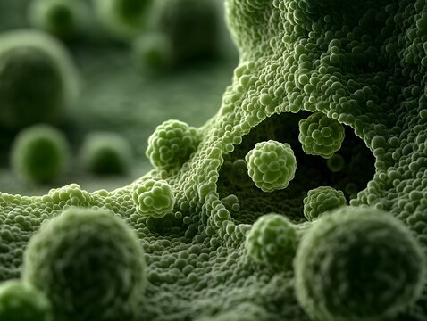 Detailed Microscopic Photograph of the Resilient Green Microalgae Haematococcus pluvialis Showcasing its Intricate Cellular Organelles Vibrant Green Hues and Spherical Morphology in a Scientific