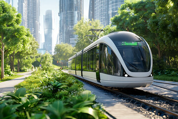 Fototapeta premium Innovative urban transportation a green-powered robotic transit system enhancing city skylines and infrastructure