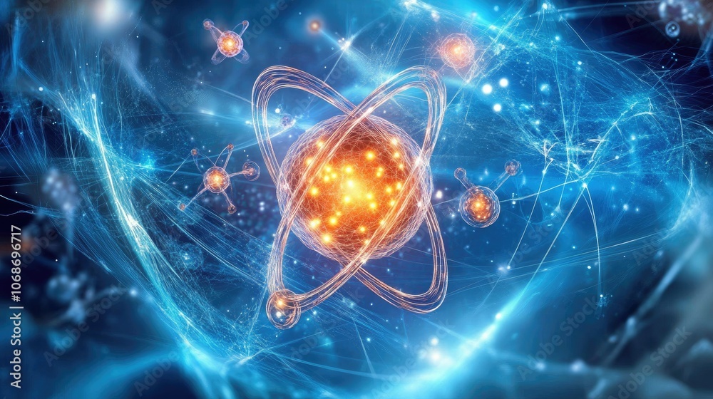 Leinwandbilder 3d rendering of molecules and atoms on a dynamic, glowing science background, symbolizing advanced c