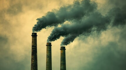 A close-up of tall chimneys with dark smoke rising into the air, set against an overcast sky with a sense of pollution