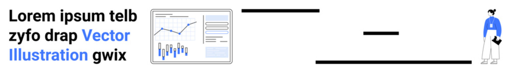 Laptop displaying financial analytics, lorem ipsum text, and a casually dressed businessman holding documents. Ideal for business presentations, data analysis, marketing strategies, report templates