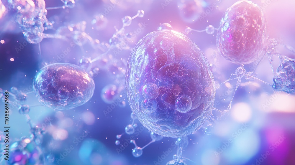 Aufkleber a futuristic 3d rendering of embryonic stem cells, surrounded by molecular structures, symbolizing b