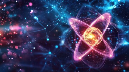 A glowing 3D model of atoms and molecules in a seamless science background, representing the intersection of molecular science and medical advancements