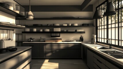 A modern kitchen featuring wooden shelves, a stylish layout, and ample natural light from large windows.