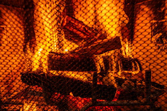 Close-up of robust fire in residential fireplace